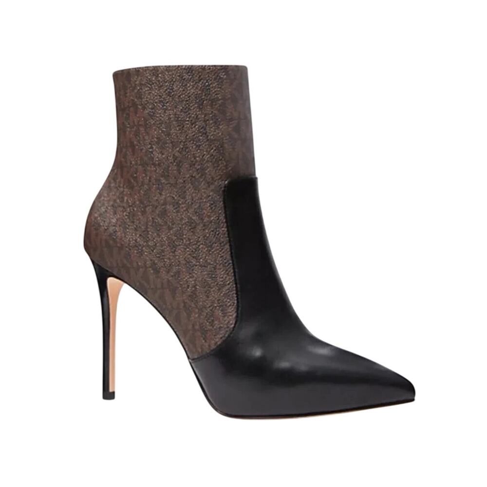 Michael Kors MK Logo Monogram Ankle Booties 6 Brown Black Pointed Toe Heel Shoes